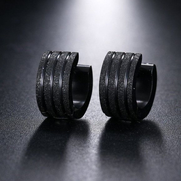 Mens Black Frosted Sandblast Stainless Steel Hoop Earrings 13mm Party Gift - Picture 1 of 4